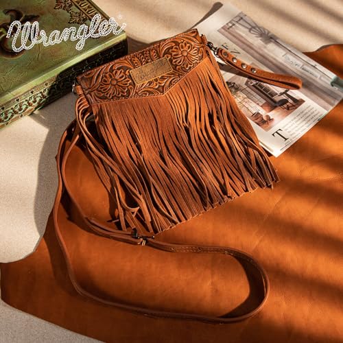 Wrangler Crossbody Small Purse for Women Wristlet Fringe Bag Western Purse - color: Angel Brown