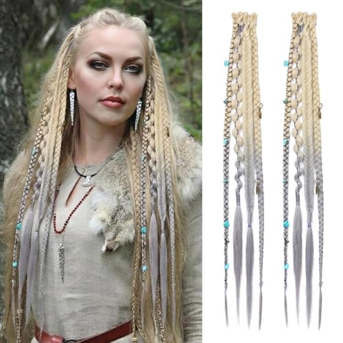 REECHO Clip in Braid Hair Extensions for Women, 16" Boho Dreadlock Clip in Braids with Beads & Charms, 2PCS Handmade Synthetic Braided Hairpieces for Cosplay Daily Styling, Light Blonde to Grey - color: Light Blonde to Grey, size: 16 Inch
