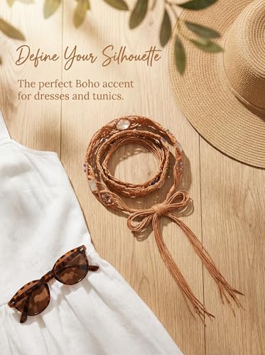 TeeYee Women's Waist Belt Adjustable Boho Style Handwoven Bohemia Tassel Rope Tie with Wooden Beads Braided Chain for Dress - color: 284tan