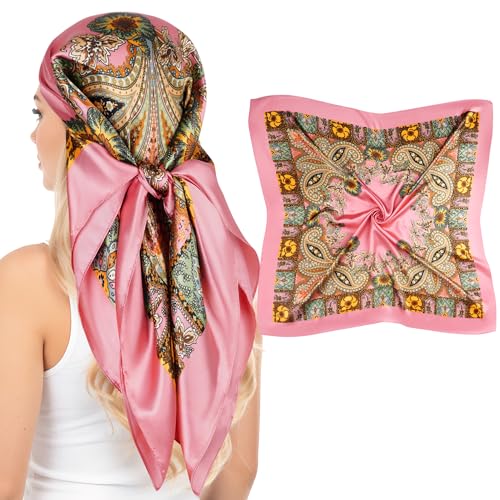Pistha Head Scarf Bandana for Women, Satin Scarf for Hair, Large Square Silk Bandana Headscarf for Women and Men 35 Inch - style: Classic-pink