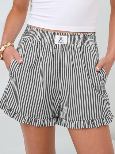 ANRABESS Boxer Shorts for Women,Gingham Plaid Elastic Waist Ruffle,Perfect for Lounge,Pajama&Sleep,Cute Casual Summer Bottoms - color: Black White Stripe, size: X-Large