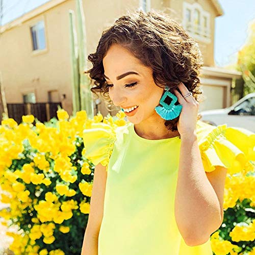 Long Tassel Earrings Statement Bohemian Pom Ball Handmade Drop Dangle Earrings for Women - style: S-Green