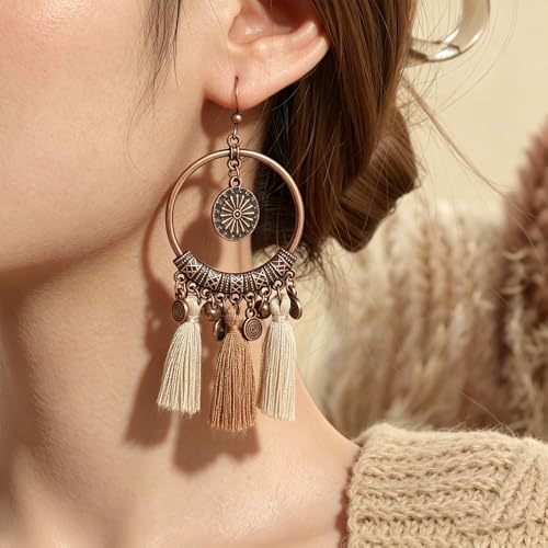 Wooden Leather Necklaces Set Bohemian Wood Stack Discs Long Chain Hemp Rope Bronze Plated Pendant Ethnic Tribal Fall Leaf Earrings Jewelry Statement Necklace - color: R-041