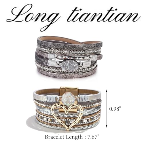 Long tiantian Leather Bracelets for Women Warp Bracelet Stackable Boho Layered Bracelet Chunky Heart Trendy Birthday Gifts for Her - color: B25:2 Layered Bracelets Set for Women(Silver)