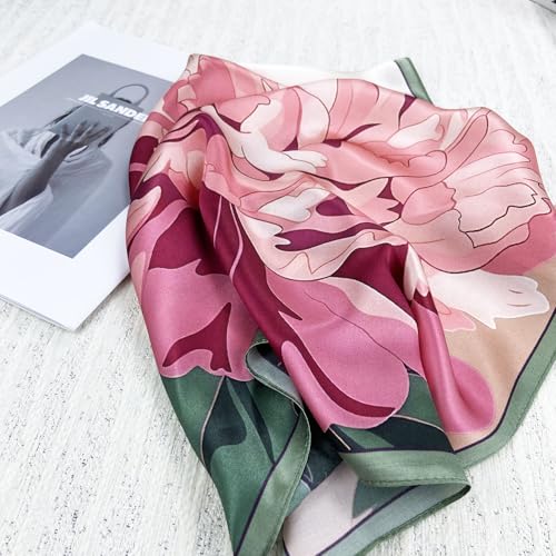 Women's Small 21 inch 100% Silk Scarf Bandana for Head Neck Hair | 100% Mulberry Silk Lightweight Designs Gift-Ready Packaging For Hair Fashion 21"x21" Printed - color: 201pink Red