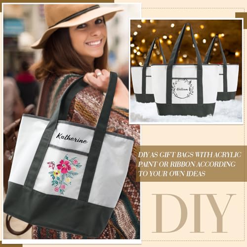 Reginary 16 Pcs Canvas Tote Bags Bulk with Outer Pocket 18 Inch Reusable Shopping Grocery Blank Tote Bag for Women Mother DIY Wedding Graduation Party(Gray White) - color: Gray White