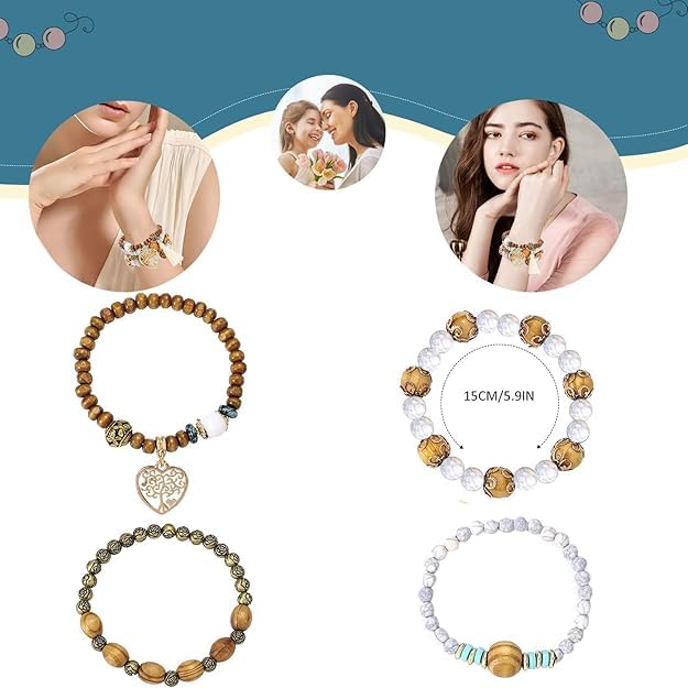 Nyx&lvy Pink Crystal Beaded Stretch Bracelet Set with Gold Heart Charm, Multi-Strand Fashion Jewelry for Women - style: brown