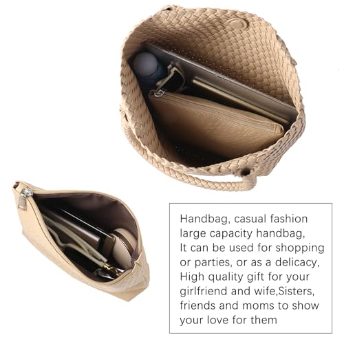 Hand Woven Bag Tote BagS For Women Top Handle Shoulder Vegan Leather Large Travel Beach Hobo Handbag - color: Apricot