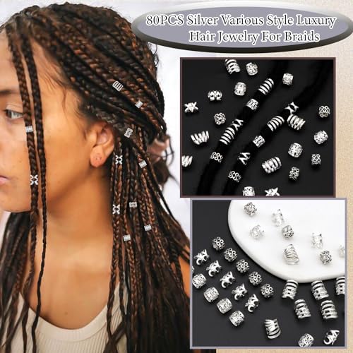 Hair Cuffs for Braids Silver - 80pcs Hair Jewelry Dreadlock Beads Non-Piercing Ear Clips Adjustable Braids Accessories for Women and Men - color: Silver