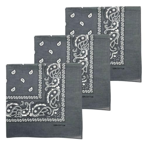 MDSTYLE 100% Cotton Bandana for Men & Women 22" x 22" Paisley Pattern Handkerchief Headband Scarf - color: Grey - 3 Pack