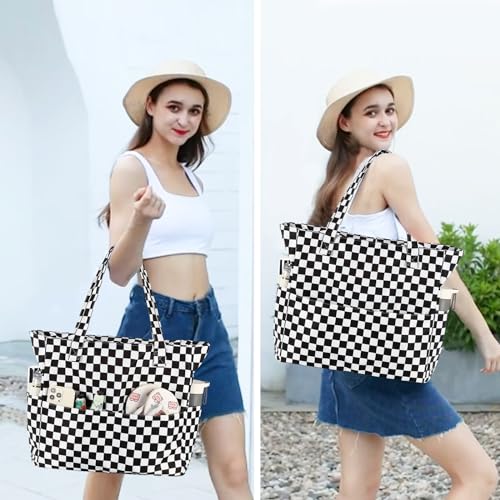 Bluboon Waterproof Beach Tote Pool Bags for Women Ladies Extra Large Carry On Bag With Wet Compartment for Weekender Travel - color: Checked Black White