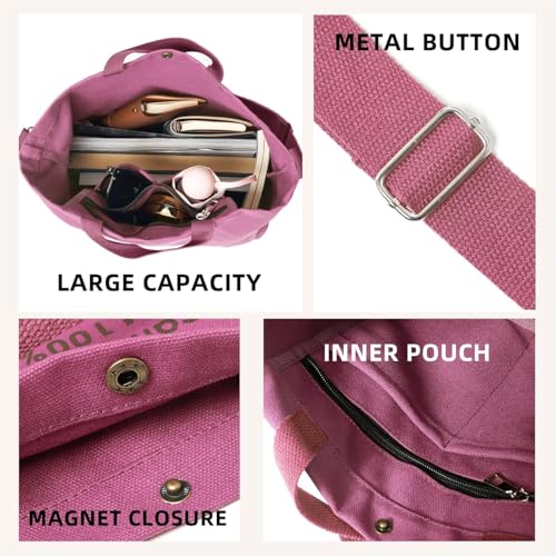 Canvas Tote Bag For Women inside out bag Crossbody Handbag with Adjustable Strap and Coin Purse for Work,Travel,Grocery - color: Pink