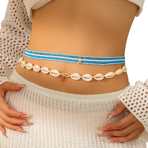 Summer Beach Coloful Beads Waist Chain Jewelry Sets Multi-layered Beaded Belly Chain Sexy Bikini Sexy Shell Waist Body Chain Beads Body Accessories for Wome - style: Blue