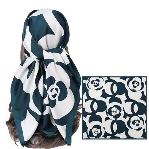 Women's Square Silk Like Head Scarf Large 35 inch Silk Feeling Hair Wrapping Satin Scarves for Sleeping Bandanas - color: A004-2 Twill Flower Green