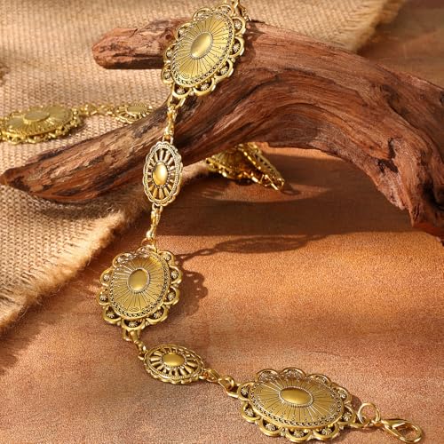 XZQTIVE Women Boho Chain Belts For Dresses Jeans Western Cowgirl Waist Links Belt Adjustable Metal Concho Belt - color: Matte Gold(double Flower), size: Fit Waist up to 35 In