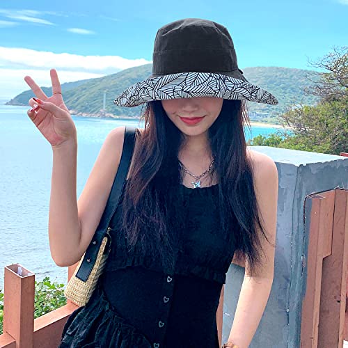 HUAMULAN Women Summer Sun Hat Wide Brim Wired Edge Floral Beach Bucket Hats Reversible Foldable Travel UV Protection Lady Hat - color: M2246-black