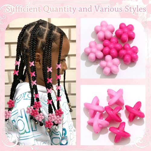 NAISKA 60Pcs Hot Pink Flower Kids Hair Beads Cute Beads for Hair Tiny Hair Beads for Braids Small Pony Dreadlock Beads Loc Beads Acrylic Beads Girls Braid Clips Accessories - color: Pink, Rose Red