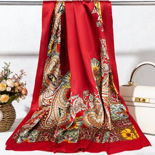 Pistha Head Scarf Bandana for Women, Satin Scarf for Hair, Large Square Silk Bandana Headscarf for Women and Men 35 Inch - style: Classic-red
