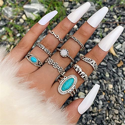 Bohemian Turquoise Ring Set for Women,Vintage Gem Turquoise Opal Joint Knuckle Stackable Rings Chunky Boho Midi Ring Pack Punk Western Ring Mixed Size - style: Style E