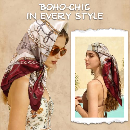 Large Square Head Scarf Bandana - 35" Satin Hair Scarf for Women Like Silk Scarf Fashion Hair Wrapping - color: Rope Crest(burgundy), size: 35IN*35IN