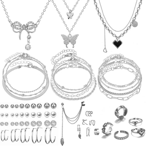 47pcs Gold Jewelry Set With 3 PCS Necklace, 11 PCS Bracelet,20pcs Hoop Stud Earrings,7pcs rings set For Women For Birthday Gifts - color: Silver