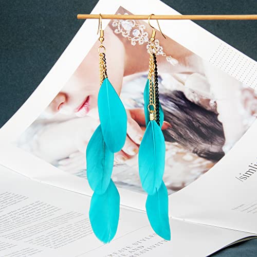 coadipress Boho Piercing Tassel Feather Long Chain Earrings Retro Lightweight Native Feather Dangle Drop Earrings for Women Bohemian Handmade Natural Feathers Earring Jewelry - color: Gem Green