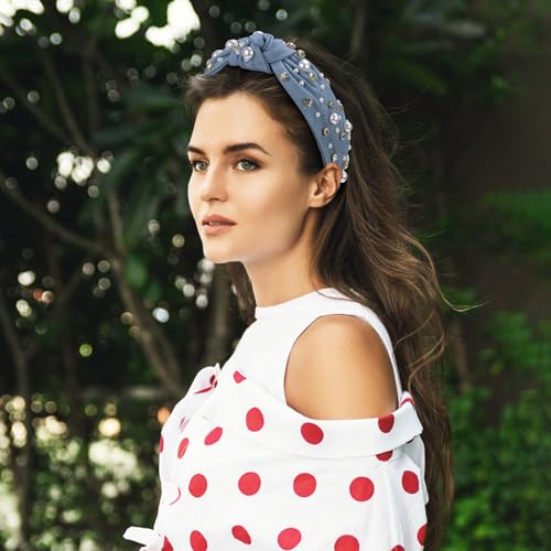 WantGor Pearl Knotted Headband, Women Rhinestone Embellished Hairband Elegant Wide Top Knot Bride Headbands Headpieces Party Fashion Elegant Ladies Hair Band Hair Hoop Accessories (Denim blue) - color: Denim blue