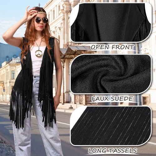 60s 70s Outfits for Women Hippie Costume Clothes Set 70s Costume Tops Women Fringe Hippie Vest for Halloween - color: Black Vest, size: X-Large
