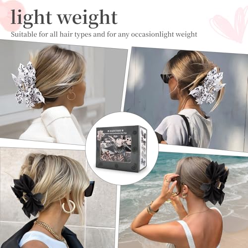 Bow Claw Hair Clips 2PCS Big Hair Bows for Women Butterfly Styling Large Hair Clips for Thin Thick Curly Hair for Girls Hair Accessories for Teens Gifts for Valentine's Day - color: 2PC-Black+White Floral