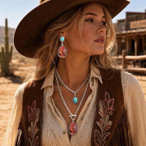 3 Pcs Western Turquoise Jewelry for Women Bohemian Set Cactus Turquoise Necklace Boho Dangle Earrings Country Concert Cowboy Chic Outfits for Women Jewelry Gifts Xmas Stocking Stuffers - color: Silver