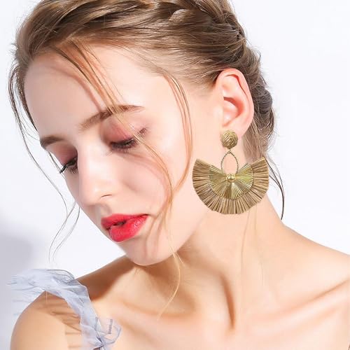 Anmpab Straw Fan Bohemian Tassel Earrings for Women Trendy Colorful Fringe Summer Beach Statement Earrings - color: Brown