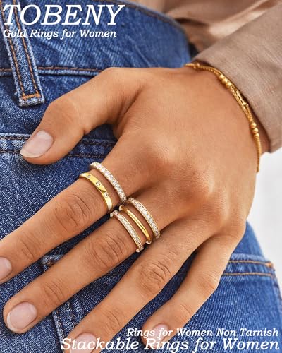 TOBENY Stackable Gold Rings for Women Non Tarnish Dainty 14K Gold Plated Stacking Cubic Zirconia Thumb Ring Set Trendy Statement Promise Wedding Bands Engagement Rings for Women Size 6 7 8 9 10 - color: 03-5Pcs Stacking Rings