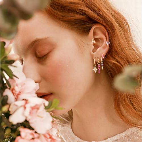 6pcs Gold Hoop Earring Stacks For Women Dainty Colorful Cubic Zirconia Huggie Earrings 18k Gold Hoop Earrings Cartilage Stud Earring Sets For Multiple Piercing - style: Fashion-B