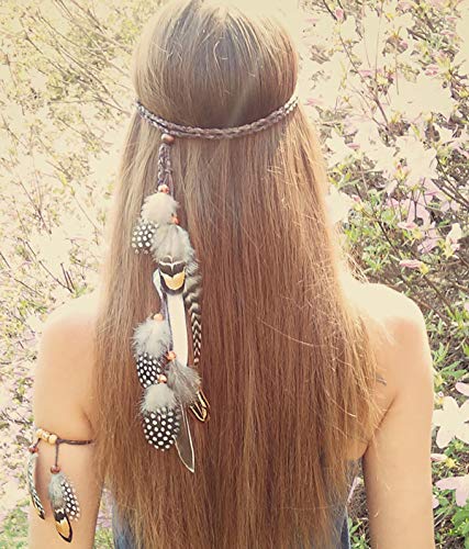 Set of 2 Gypsy Hippie Feather Headband Headdress and Armband Bohemian Headwear Headpiece Handmade Tribal Indian Fascinator Feather Hairband Hair Accessories for Women Lady (A#)