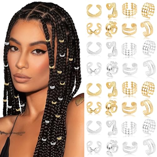 40PCS Hair Jewelry for Braids Gold&Silver Hair Cuffs Adjustable Braid Jewelry Non-Piercing Ear Clips Loc Dreadlock Accessories for Women and Girls - color: 1-Gold&Silver