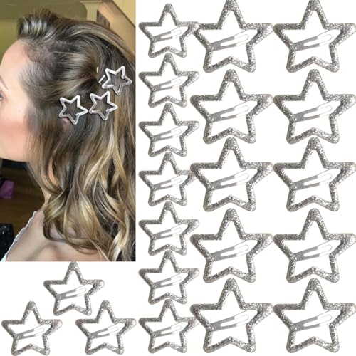 20 PCS Sparkling 1.22" and 1.65"Star Hair Clips Snap Hair Accessories Non Slip Clips for Girls Women Y2K Accessories Silver Metal Hair Clip Hair Barrettes - color: Glitter Silver 1.22" 1.65"（20PCS)