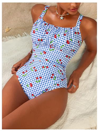 BEAUDRM Women's Boho Floral Print One Piece Swimsuit Y2K Bathing Suits Swimwear Beachwear - color: Blue Cherry, size: X-Small