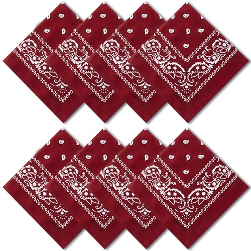 Raylarnia 8 PCS 100% Cotton Bandanas, 22 Inchs Multi-Purpose Bandana Scarfs Headbands for Men and Women - color: 8-burgundy