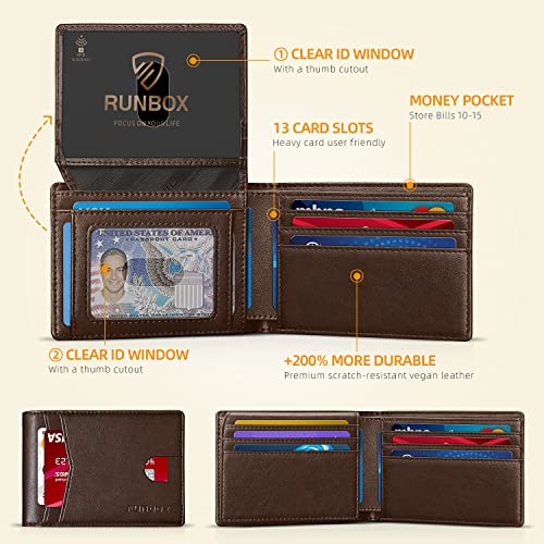 RUNBOX Wallet for Men -Slim Rfid Leather Mens Bifold Novelty Wallets 2 ID Window With Gift Box Men's Accessories | Slim - color: Classic Coffee-15 slots