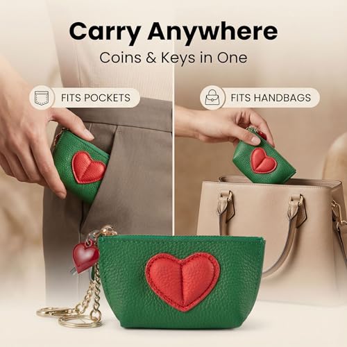 Red Heart Design Small Coin Purse - Cute Compact Keychain Change Purse Soft Leather Wallet with Zipper for Women (Green) - color: Green