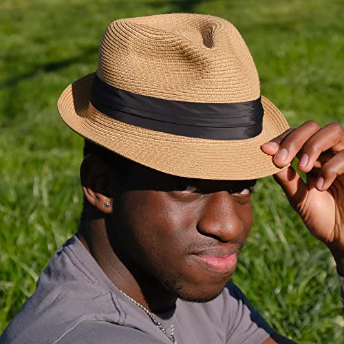 DRESHOW Women Straw Sun Hat Short Brim Panama Travel Fedora Summer Hat Roll Up Beach Cap for Women UPF 50+ - color: Ab Khaki G