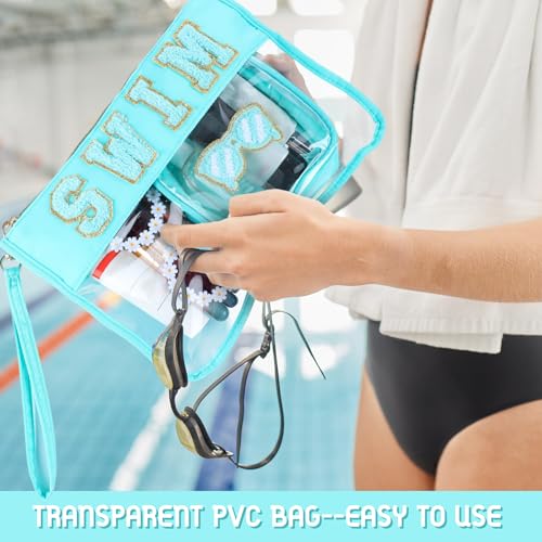 Hillban 2 Pcs Swim Bag Chenille Letter Preppy Patch Makeup Pouch Flat Clear Pouch PVC Organizer Purse Waterproof Travel Cosmetic Bags Pool Swim Coach Team Gifts for Women - style: Swim Theme