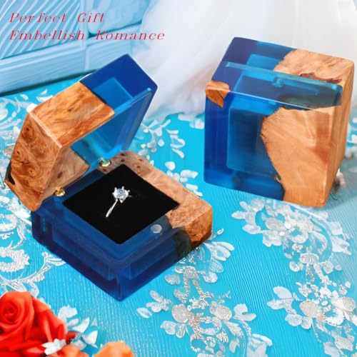 Wedding Ring Box, Handmade Wooden Ring Bearer Box for Proposal, Elegant Vintage Ring Holder Box, Engagement Ring Box with Single Slot, Suitable for Proposal, Wedding, Jewelry Storage - color: blue