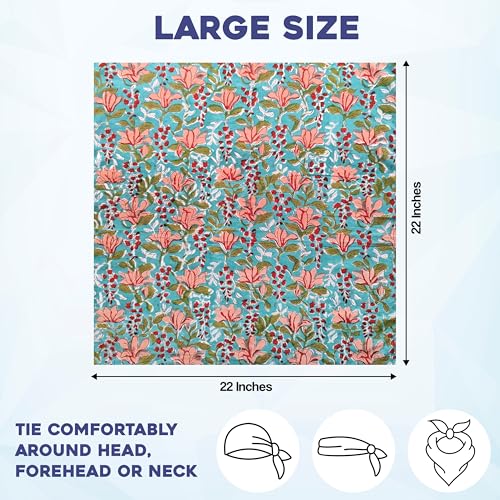 AVKA Studio 100% Cotton Bandanas for Women & Men, 2 Pack 20x20 Inch, 22x22 inch Hand Printed, Lightweight Cotton Handkerchief - color: Blue & Peach, size: 22 x 22 Inches Large