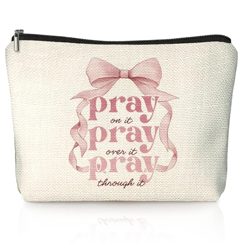 Coquette Pink Bow Christian Makeup Bag, Pray On It Pink Girly Cosmetic Bags for Women, Proverbs 31 Woman Gifts, Christian Gifts for Women, Preppy Aesthetic Zipper Makeup Pouch - color: 01- Bible(03)