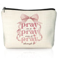Coquette Pink Bow Christian Makeup Bag, Pray On It Pink Girly Cosmetic Bags for Women, Proverbs 31 Woman Gifts, Christian Gifts for Women, Preppy Aesthetic Zipper Makeup Pouch - color: 01- Bible(03)
