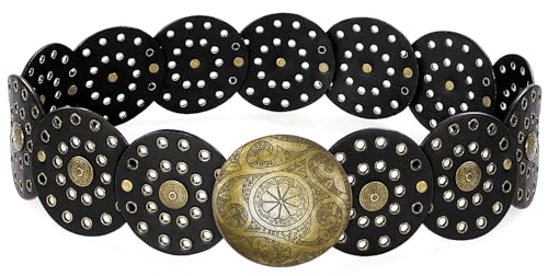 Wide Disc Belt for Women Vintage Leather Hollow Out Round Belt Western Waist Belt - color: Copper Black, size: M (47.2 in)