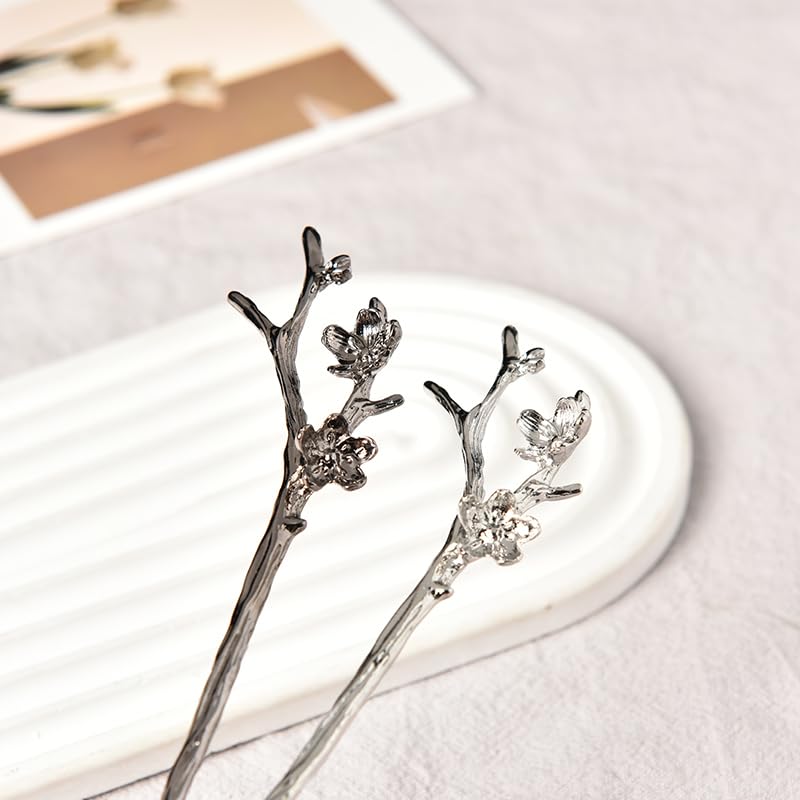 Vintage Retro Hair Stick Hairpin Long Hair Pins Hair Chopsticks Chinese Hair Sticks for Buns 2Pcs Metal Hair Fork Hair Accessories for Women Girls Decorative for Hair (Silver & Black)