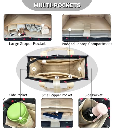 Large Canvas Tote Bag for Women Work Tote Bags with Pockets Laptop Crossbody Purses Everyday Bag Handbags for Travel - color: New Upgrade Plus Cherry Black