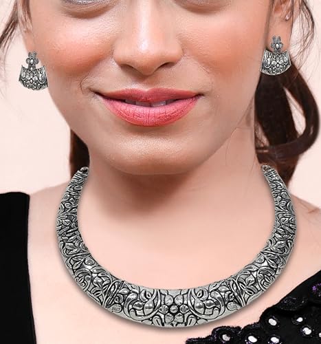 Indian Afghani Hasli Style Silver Oxidized Tribal Boho Statement Kutchi Choker Necklace Jewelry Women